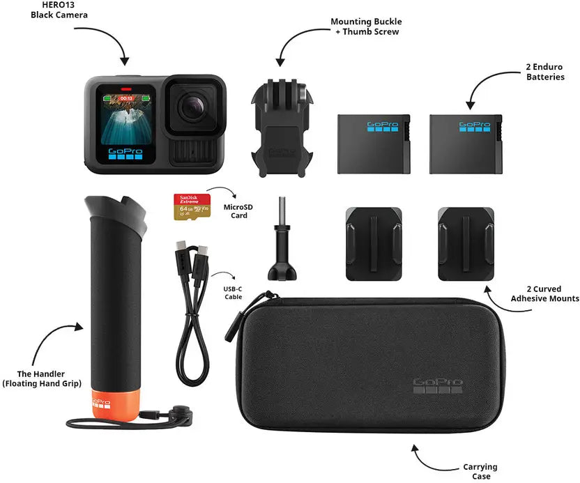 GoPro HERO13 Special Bundle -The Handler , Extra Enduro battery,Mount, 64GB MemoryCard Sports and Action Camera  (Black, 27 MP)