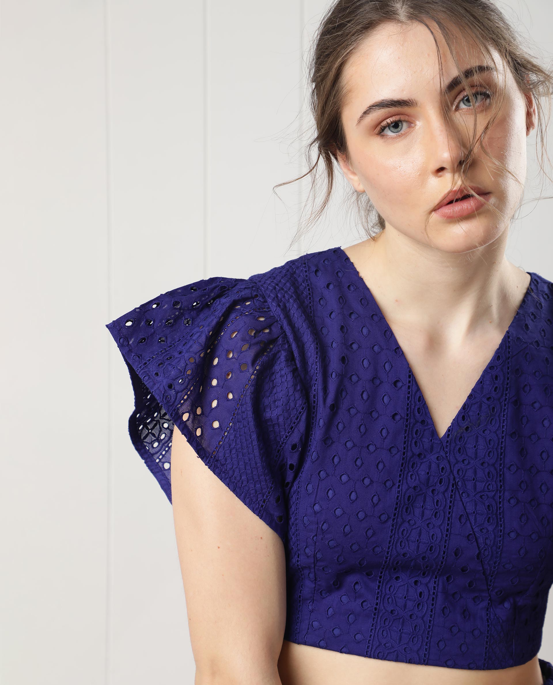 Rareism Women's Marisa Blue Cotton V-Neck Schiffli Extended Sleeves Crop Regular Fit Top
