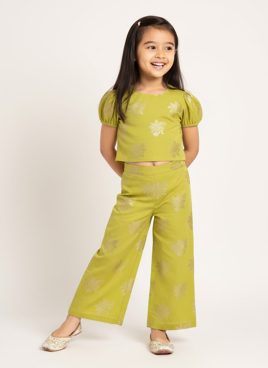 Utsa Kids Lime Floral Pattern Cotton-Blend Ethnic Top - (2-8yrs)