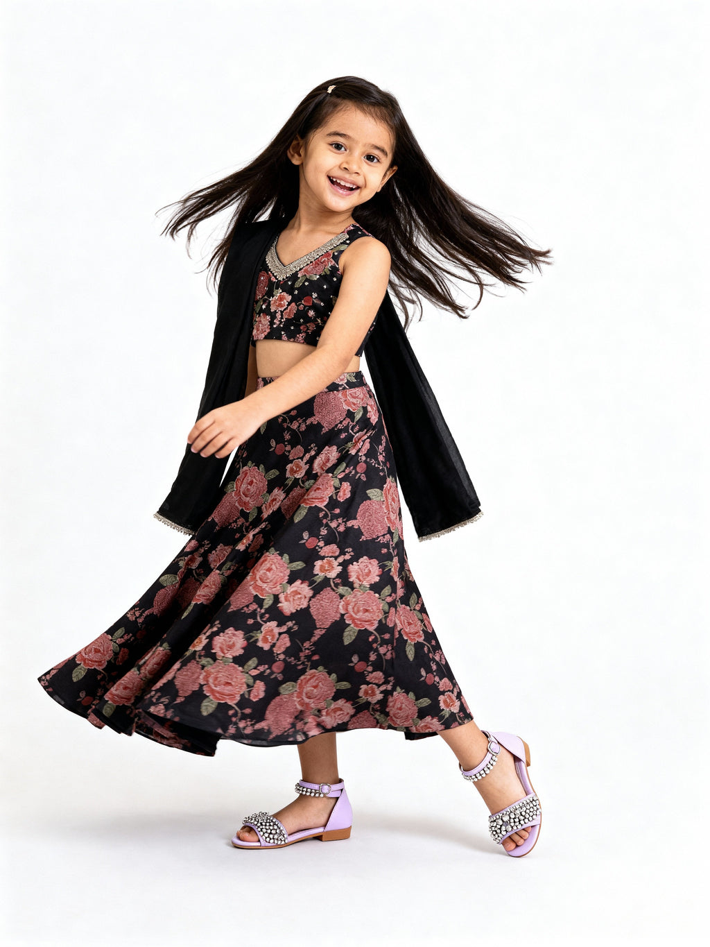Utsa Kids Black Floral Embroidered Ethnic Set - (2-8yrs)
