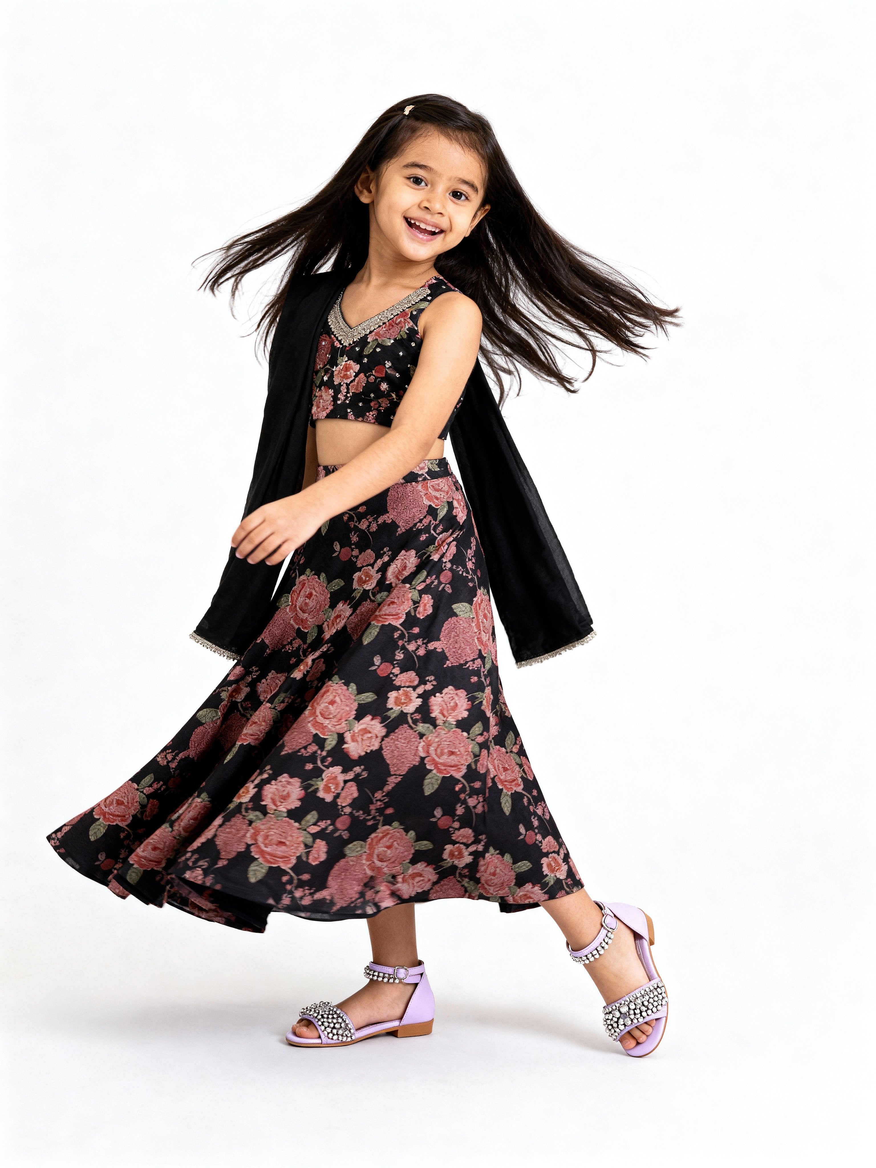 Utsa Kids Black Floral Embroidered Ethnic Set - (2-8yrs)