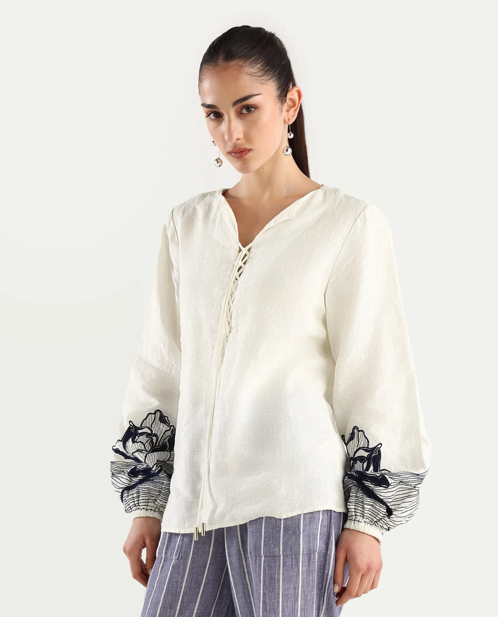 Rareism Women's Janbo White Linen Tie-Up Neck Embroidered Bishop Sleeve Regular Fit Top