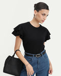 Rareism Women's Janruf Black Cotton Round Neck Plain Ruffled Sleeve Regular Fit T-Shirt