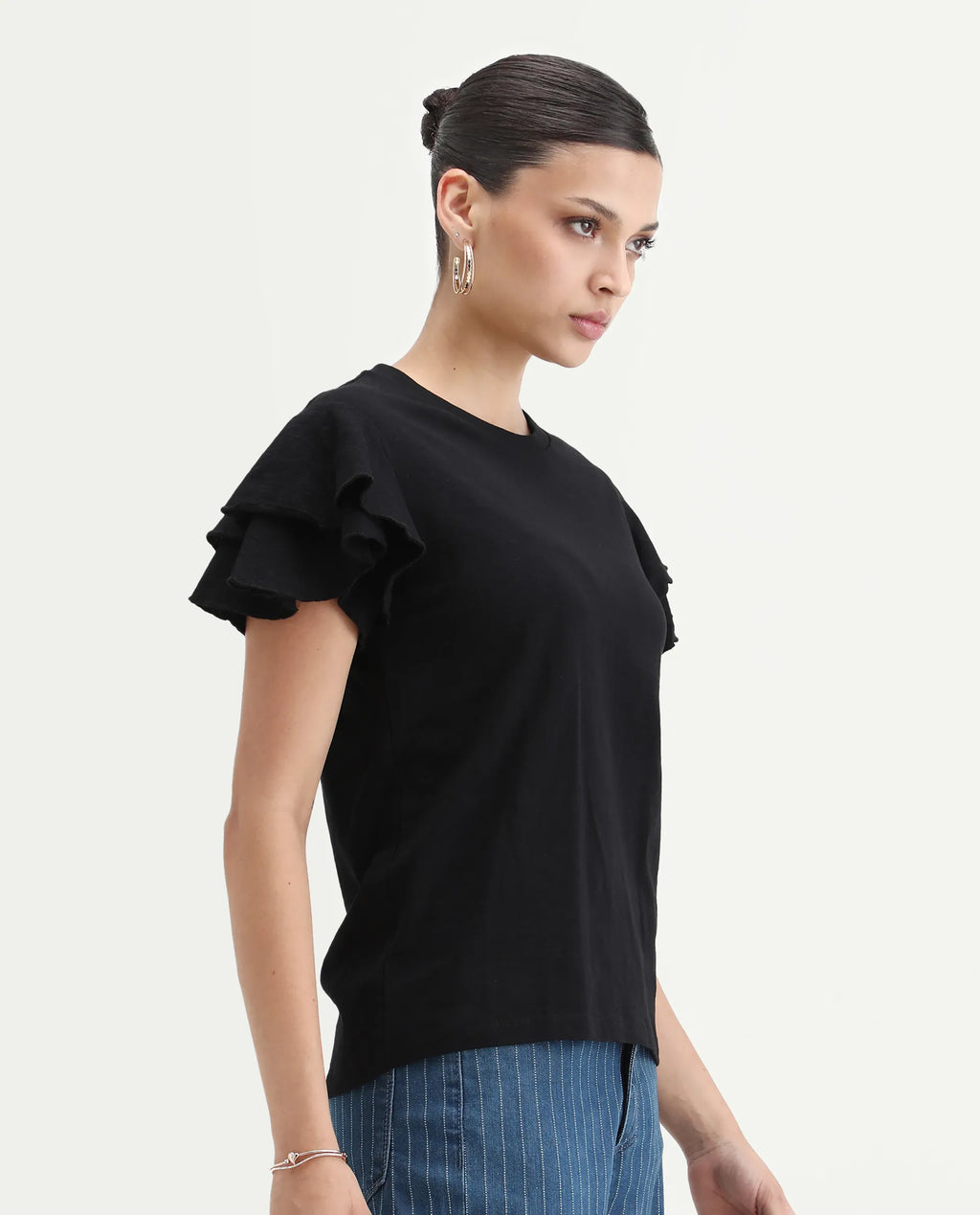Rareism Women's Janruf Black Cotton Round Neck Plain Ruffled Sleeve Regular Fit T-Shirt