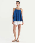 Rareism Women's Januana Blue Linen Shoulder Strap Plain Sleeveless Flared Top