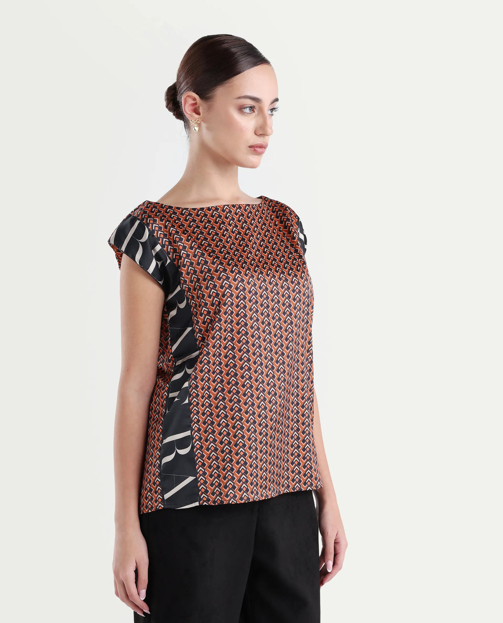 Rareism Women's Kanad Orange Polyester Boat Neck Geometric Print Extended Sleeves Relaxed Fit Top