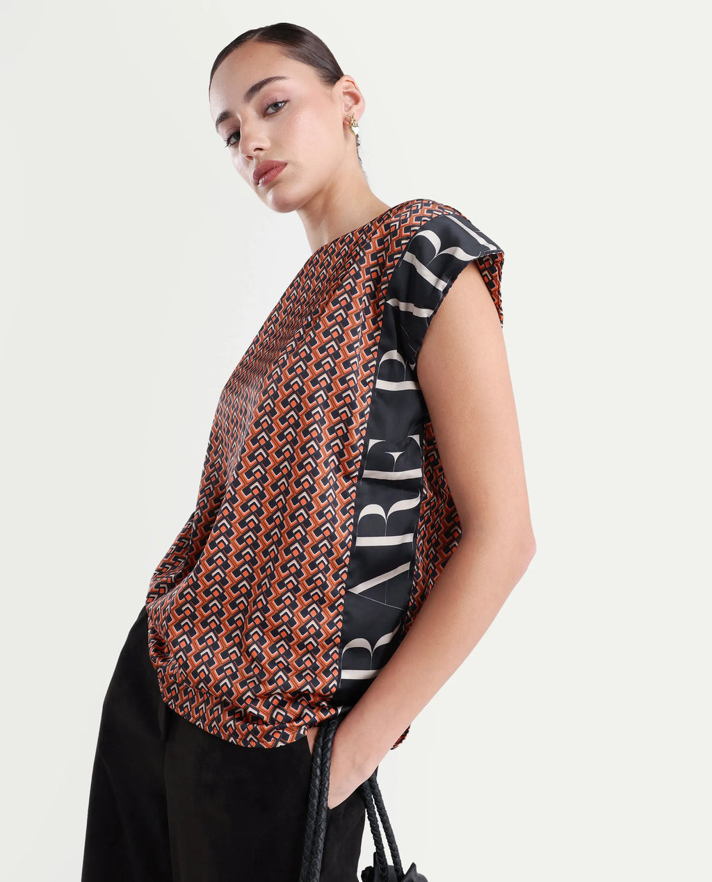 Rareism Women's Kanad Orange Polyester Boat Neck Geometric Print Extended Sleeves Relaxed Fit Top