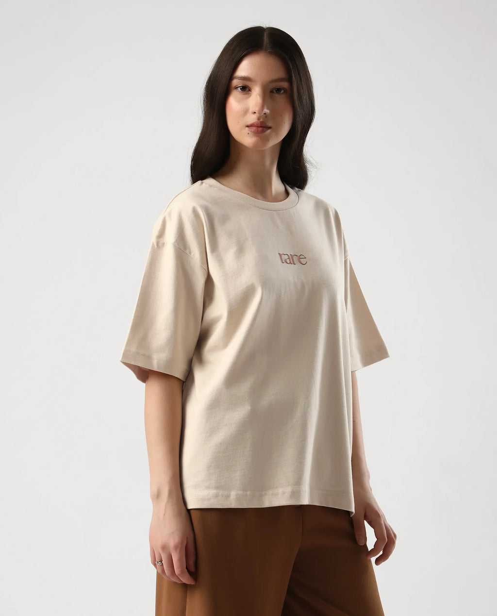 Rareism Women's Klend Off White Cotton Graphic Print Oversized T-Shirt