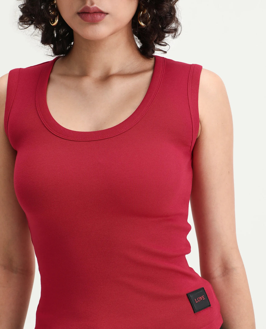 Rareism Women's Krip Red Cotton Boat Neck Plain Sleeveless Regular Fit T-Shirt