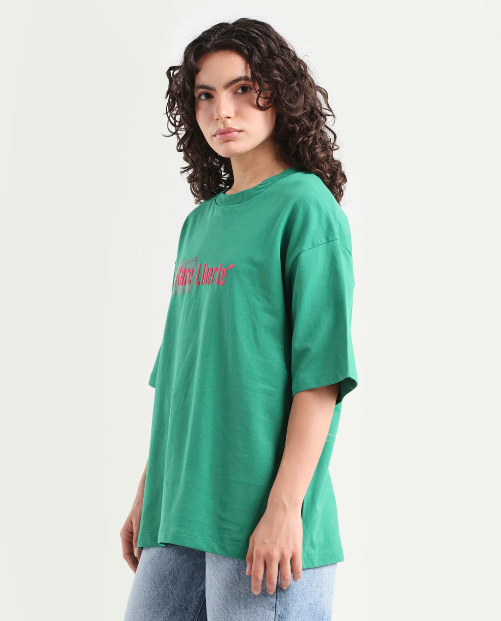 Rareism Women's Morsh Green Cotton Graphic Print Oversized T-Shirt