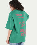 Rareism Women's Morsh Green Cotton Graphic Print Oversized T-Shirt