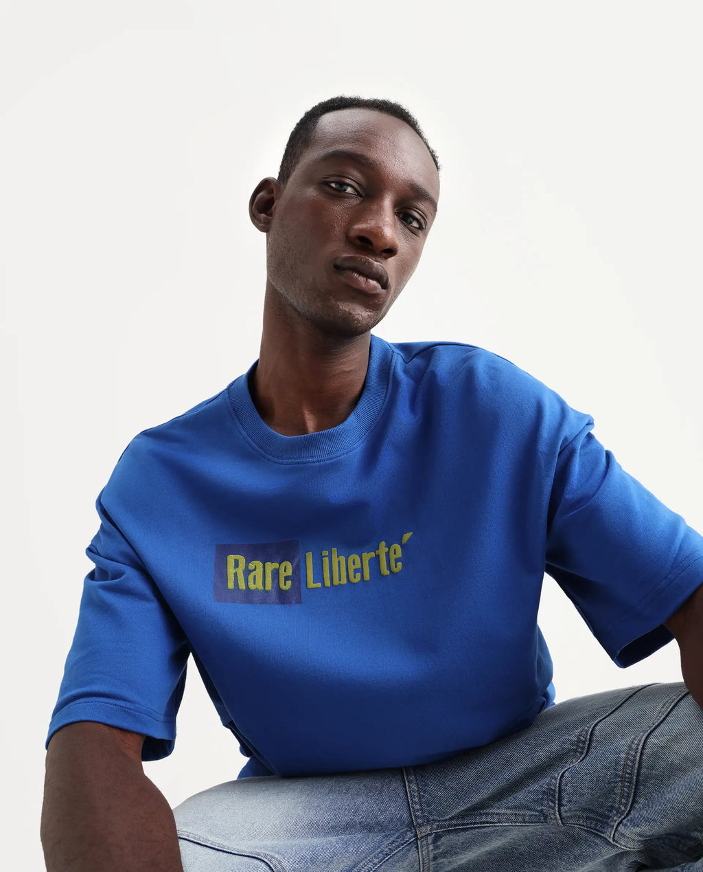 Rare Rabbit Men's Moshe Flouroscent Blue Cotton Graphic Print Oversized Fit Half Sleeve Crew Neck T-Shirt