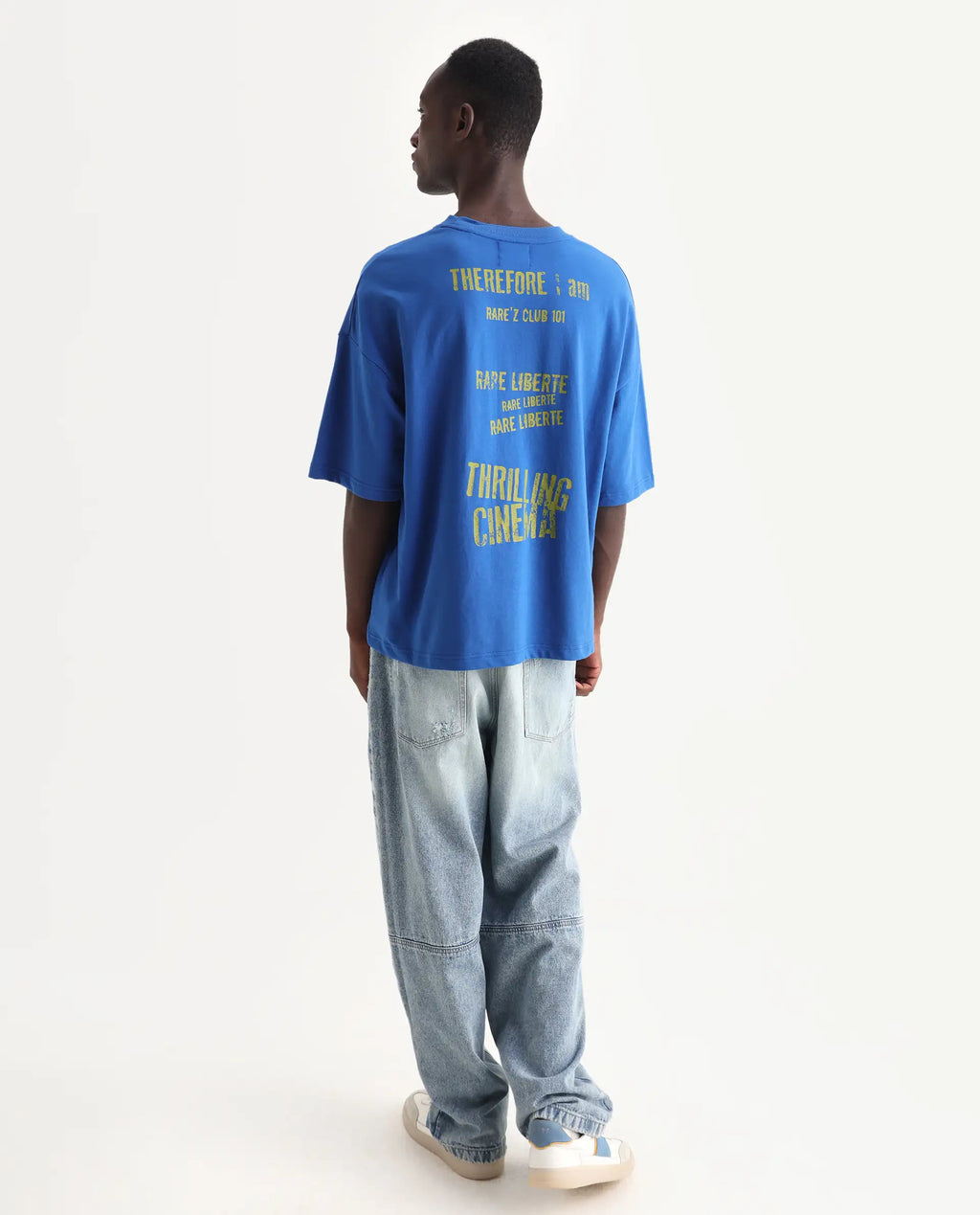 Rare Rabbit Men's Moshe Flouroscent Blue Cotton Graphic Print Oversized Fit Half Sleeve Crew Neck T-Shirt