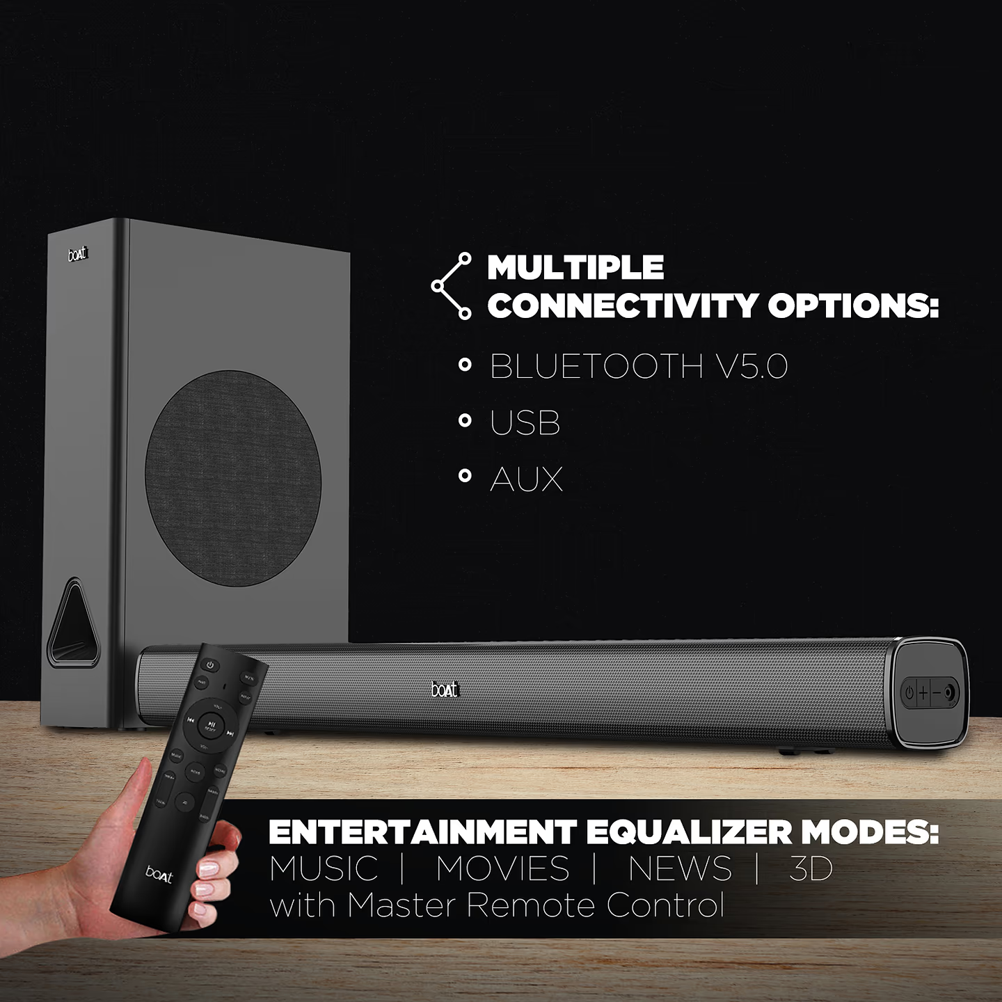 boAt Aavante Bar 1280 | 80W boAt Signature Sound, 2.1 Channel, Bluetooth, AUX, USB Compatible