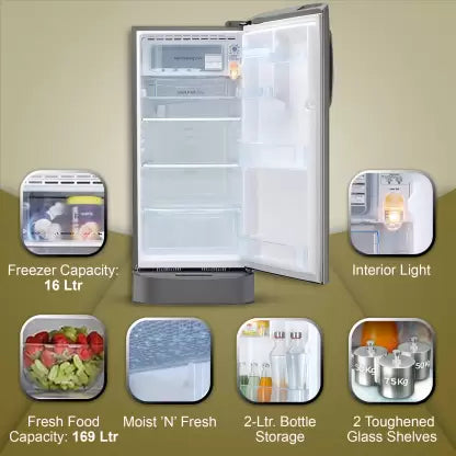 LG 185 L Direct Cool Single Door Refrigerator Shiny Steel, GL-D201APZU