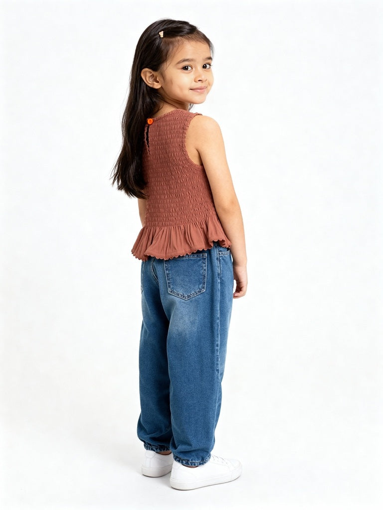 HOP Kids Rust Smocked Cotton Top
