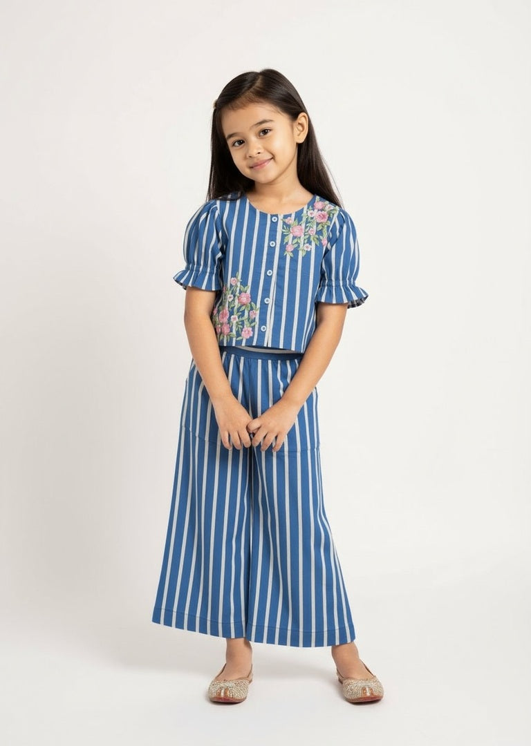 Utsa Kids Blue Floral Embroidered Cotton-Blend Top - (2-8yrs)