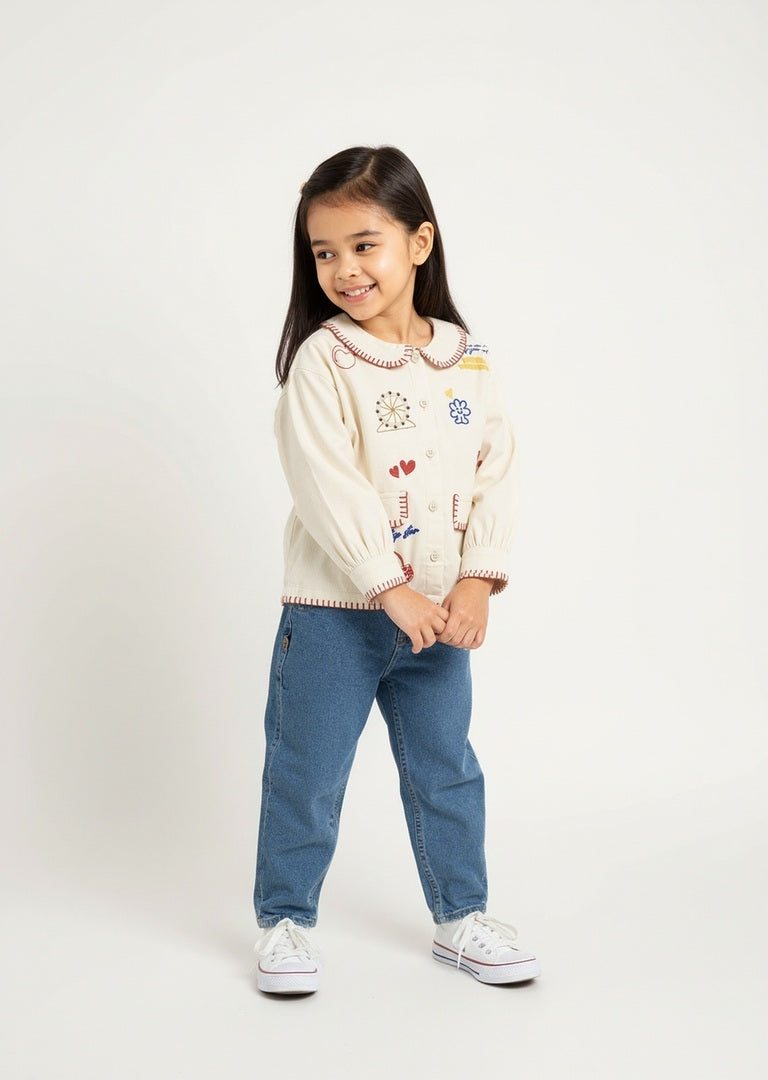 HOP Kids Beige Embroidered Cotton-Blend Blouse