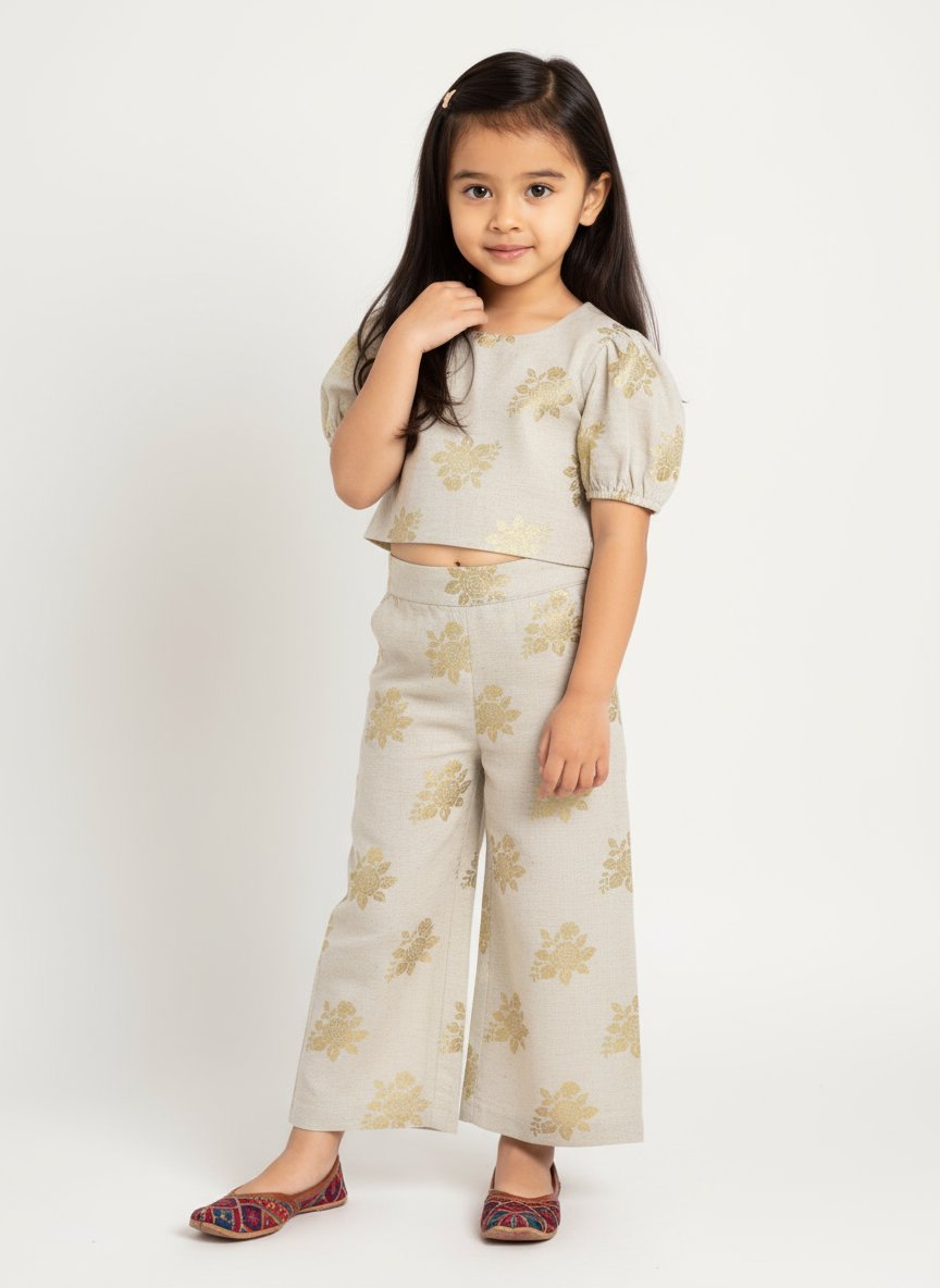 Utsa Kids Beige Floral Design Cotton-Blend Ethnic Top - (2-8yrs)