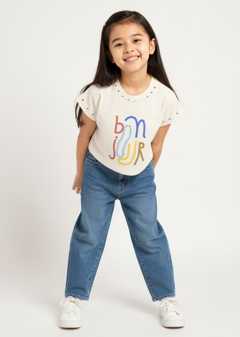 HOP Kids Off-White Text Printed Cotton T-Shirt