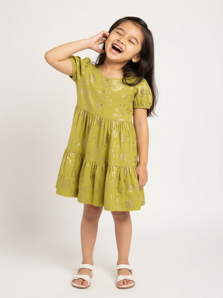 Utsa Kids Lime Floral Pattern Tiered Cotton-Blend Dress - (2-8yrs)