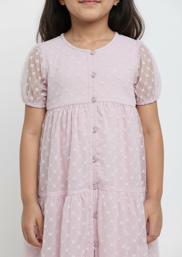 HOP Kids Pink Floral Embroidered Tiered Dress