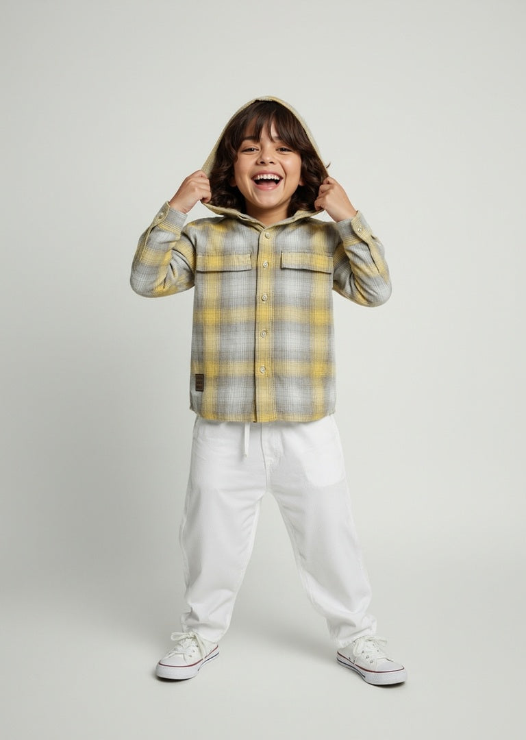 HOP Kids Beige Checks Detailed Cotton Shirt
