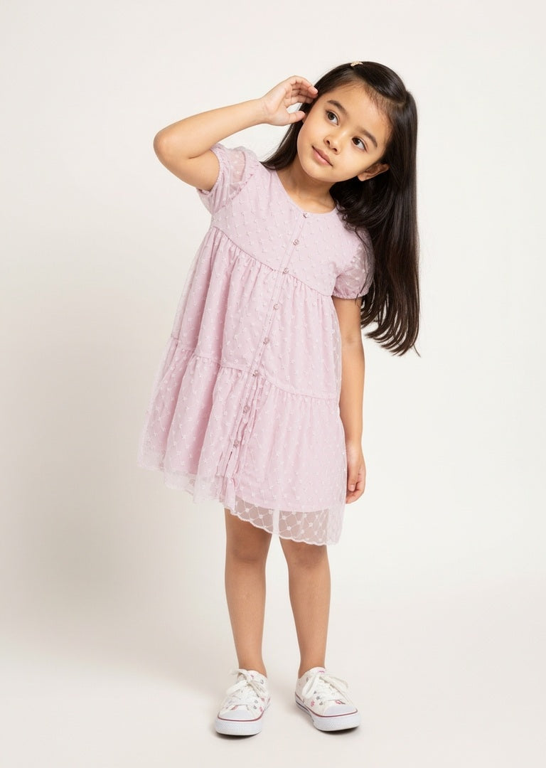 HOP Kids Pink Floral Embroidered Tiered Dress