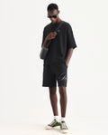 Rare Rabbit Men's Ranot Black Cotton Graphic Print Oversized Fit Shorts
