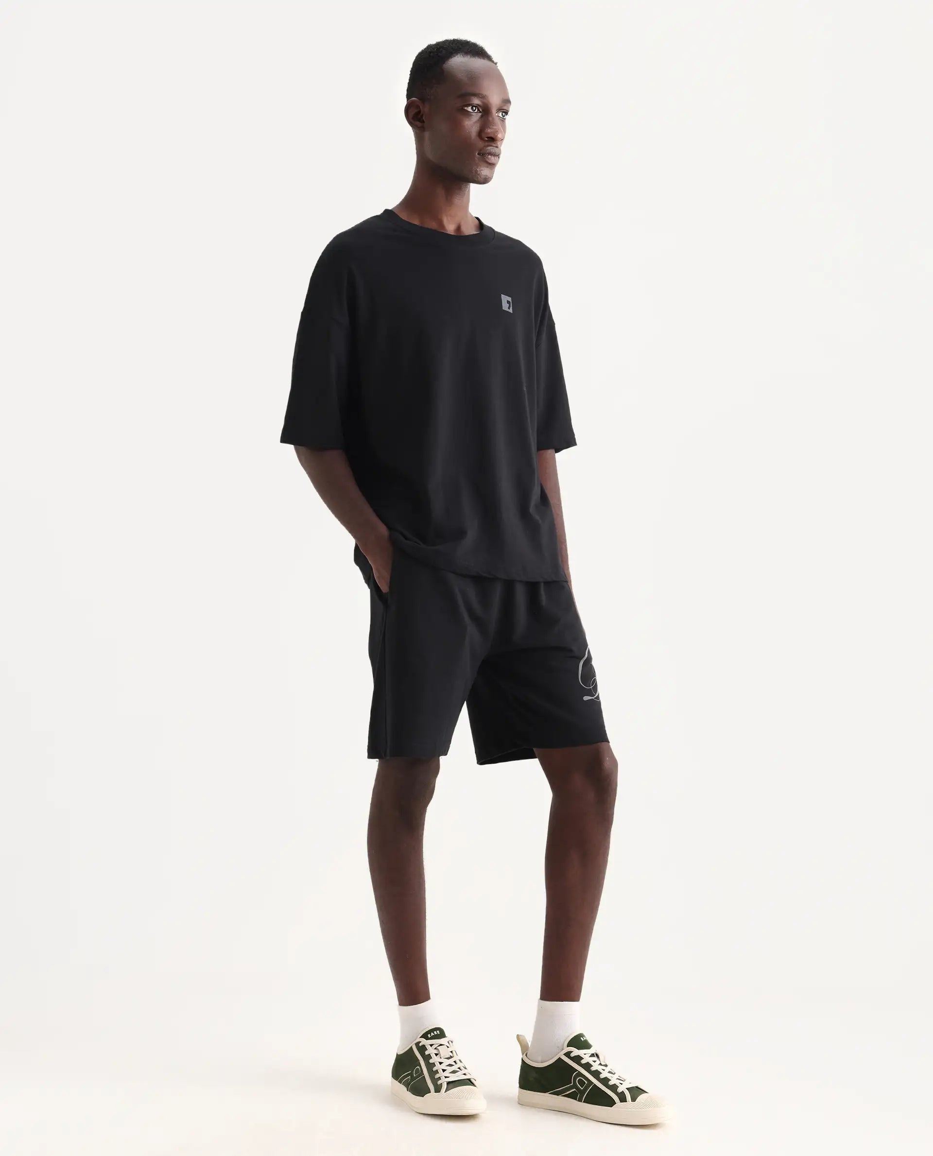Rare Rabbit Men's Ranot Black Cotton Graphic Print Oversized Fit Shorts