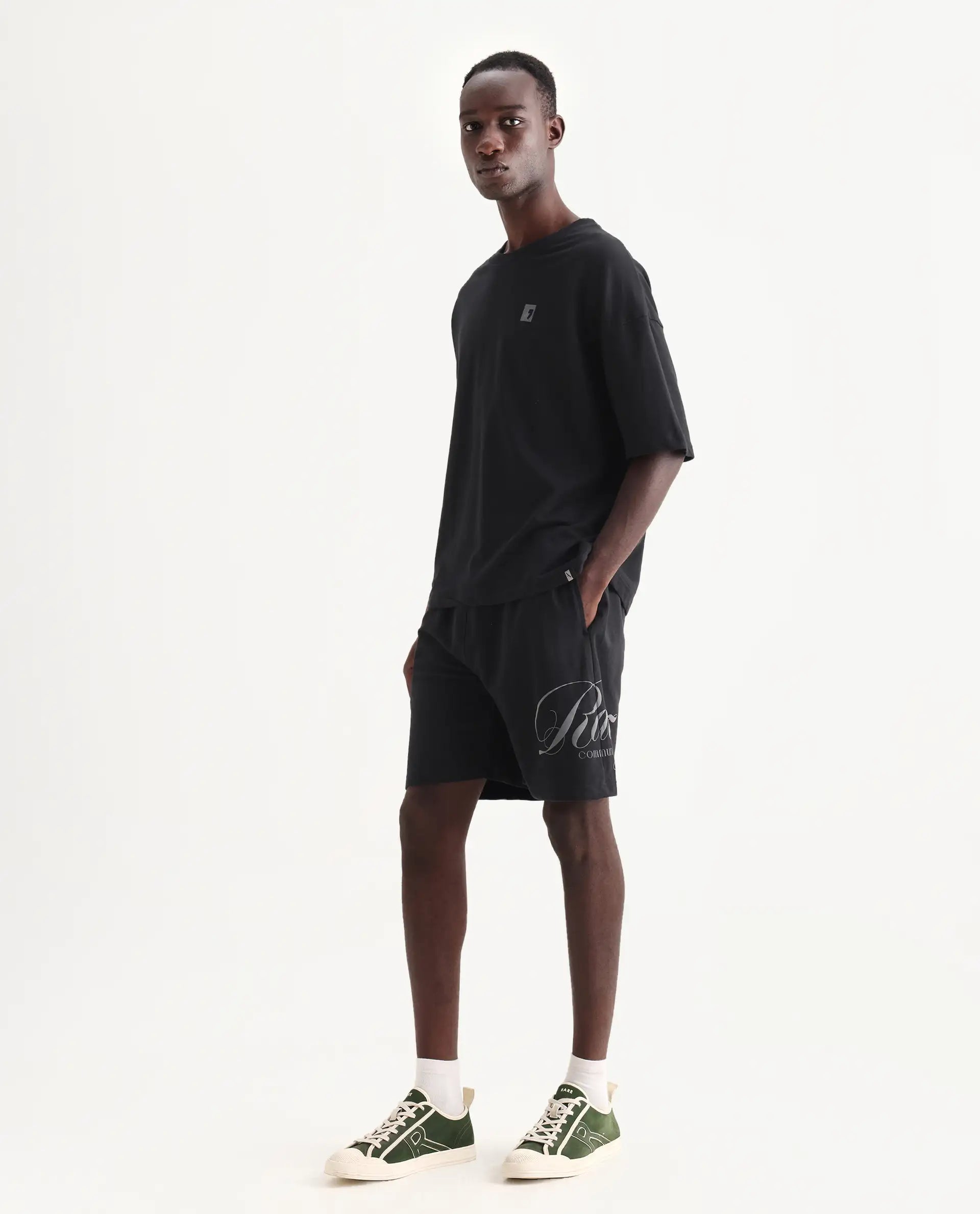 Rare Rabbit Men's Ranot Black Cotton Graphic Print Oversized Fit Shorts
