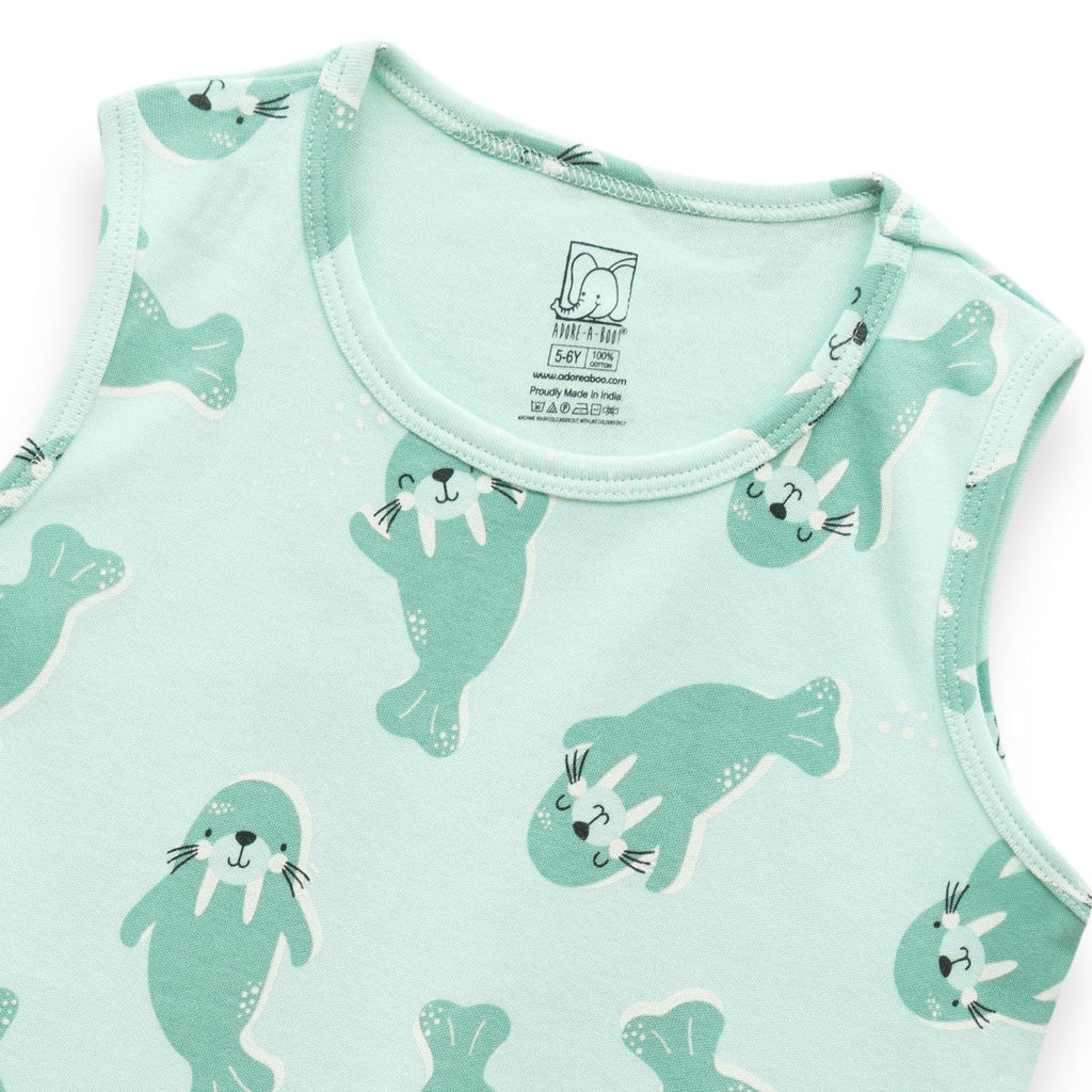 Sea Walrus Printed Green Kids Clothing Set