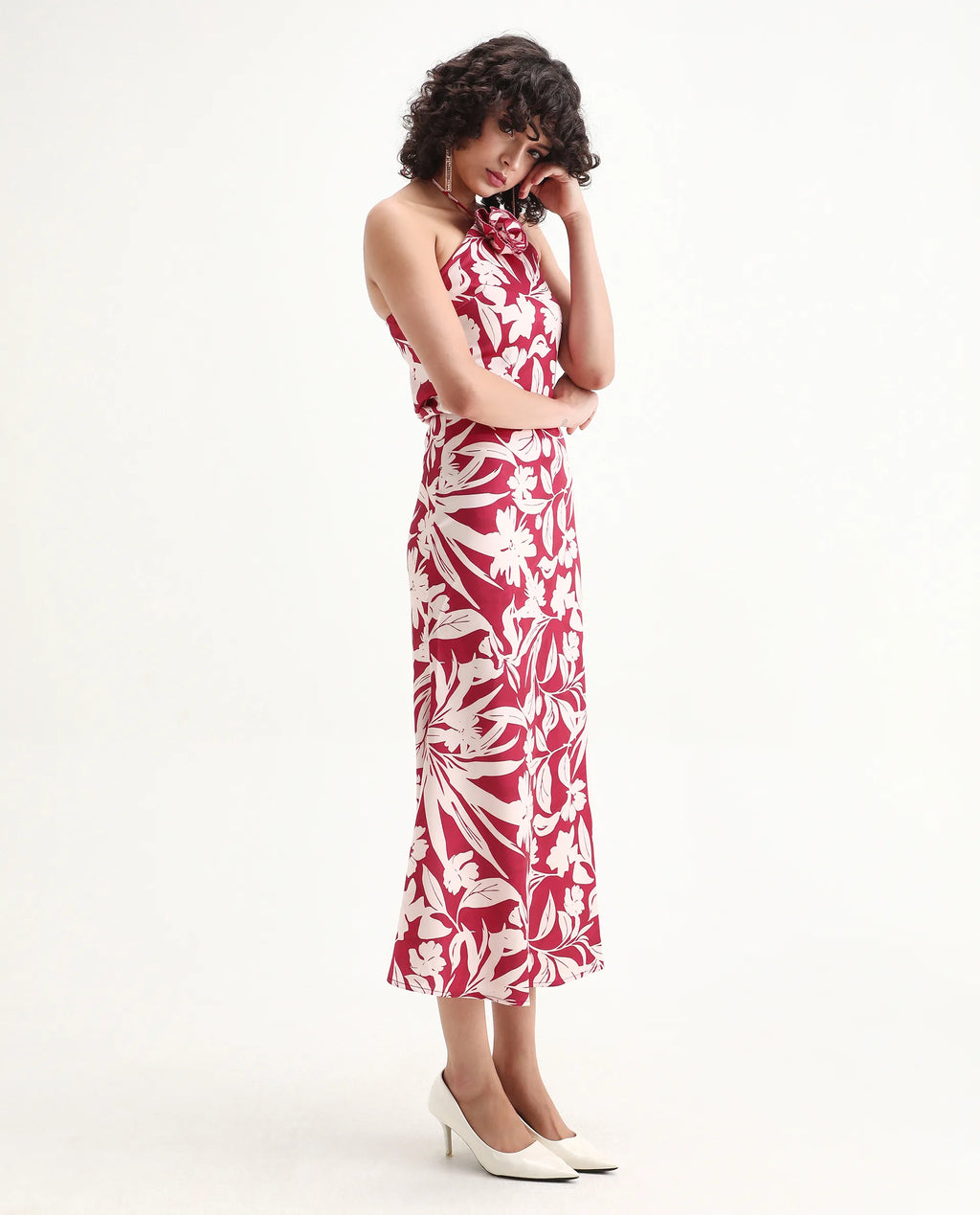 Rareism Women's Somtar B Pink Polyester Floral Print Midi Straight Fit Skirt