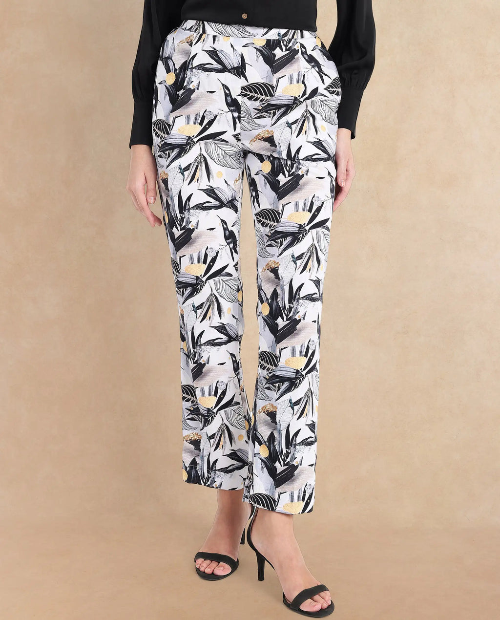 Rareism Women's Stevieo B Multi Cotton Blend Tropical Print Ankle Length Straight Fit Trouser