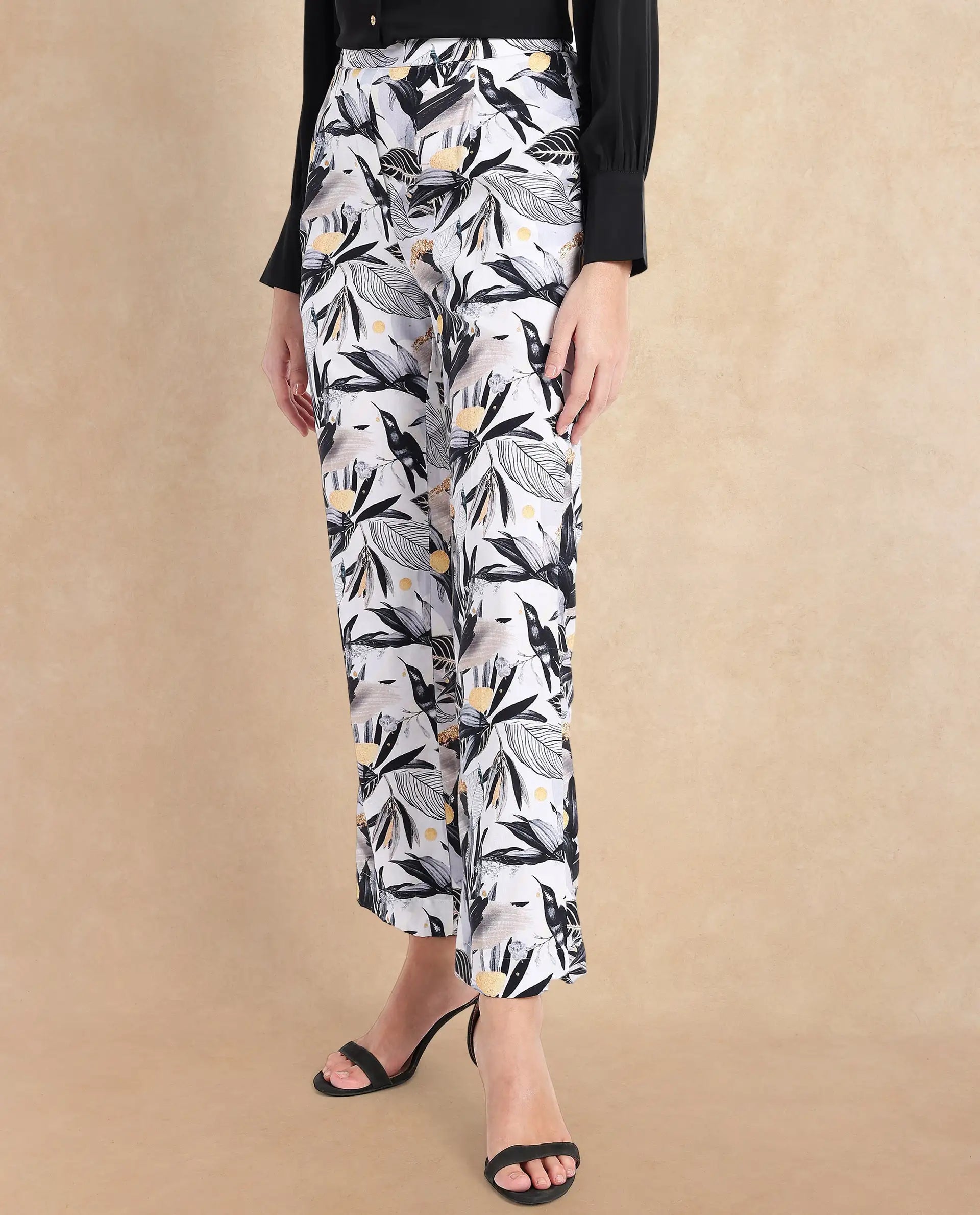 Rareism Women's Stevieo B Multi Cotton Blend Tropical Print Ankle Length Straight Fit Trouser