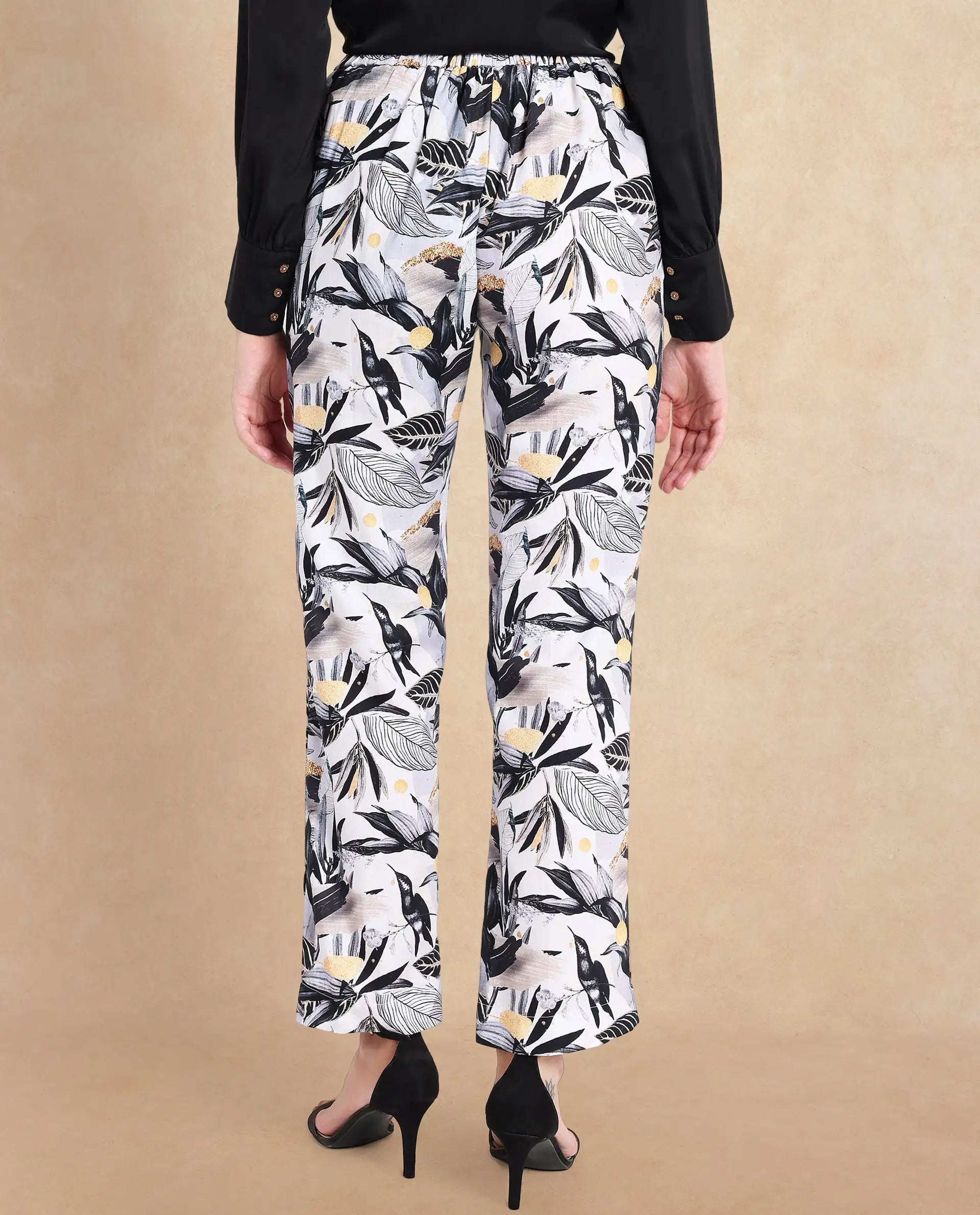 Rareism Women's Stevieo B Multi Cotton Blend Tropical Print Ankle Length Straight Fit Trouser
