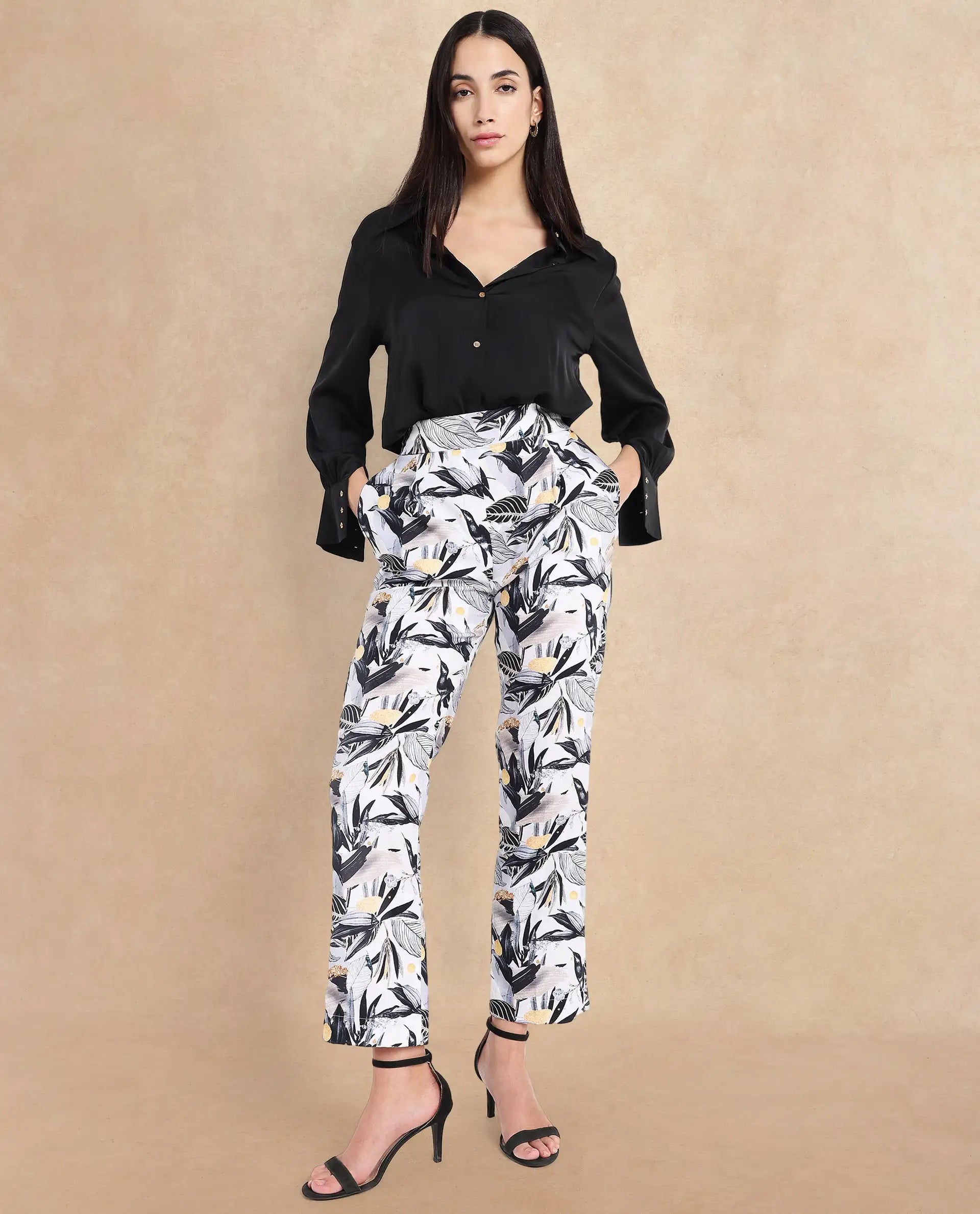 Rareism Women's Stevieo B Multi Cotton Blend Tropical Print Ankle Length Straight Fit Trouser