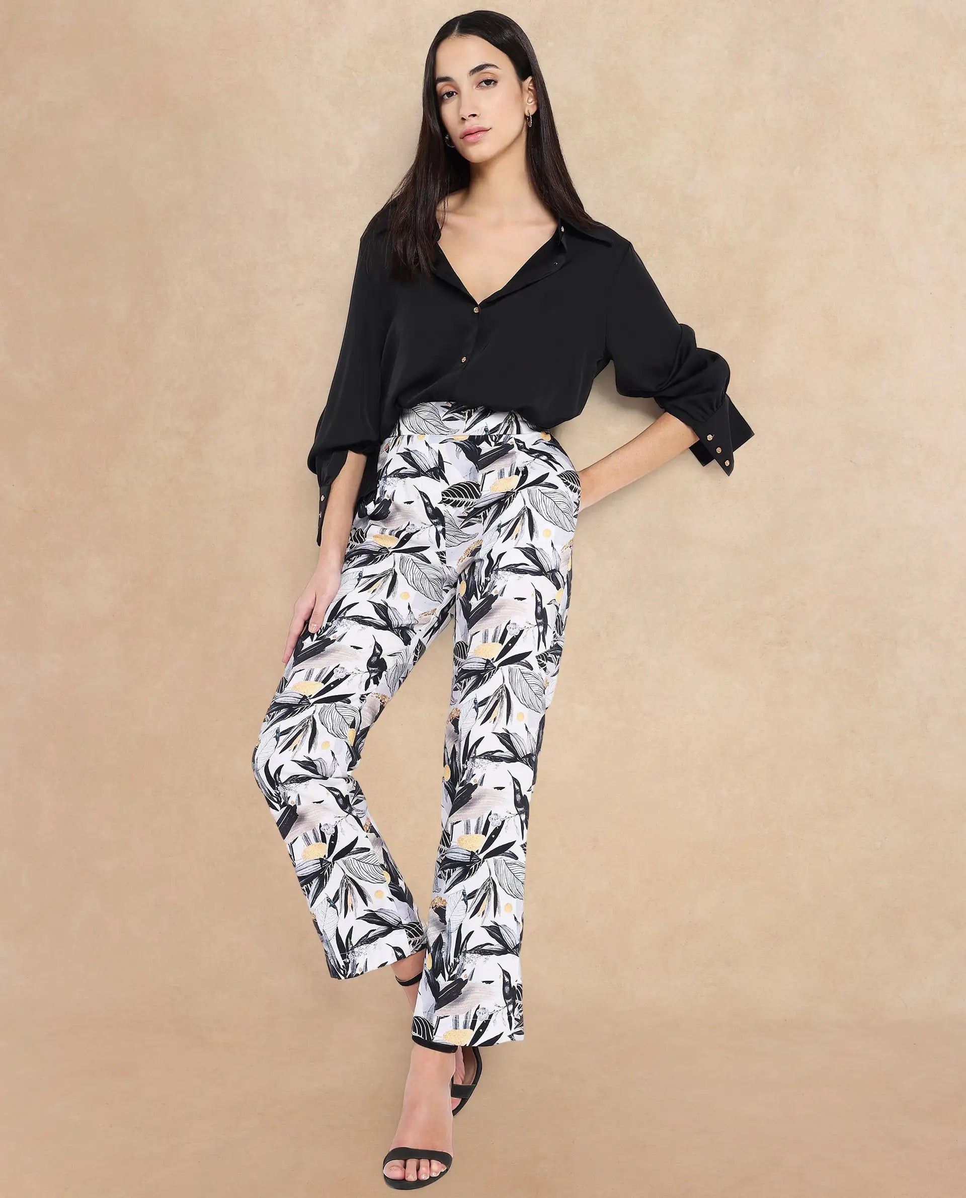 Rareism Women's Stevieo B Multi Cotton Blend Tropical Print Ankle Length Straight Fit Trouser