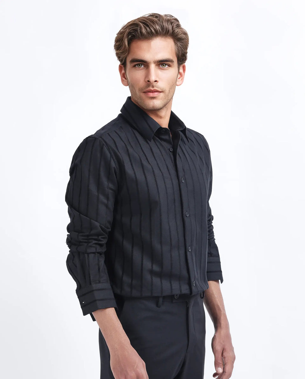 Rare Rabbit Men's Tener Black Cotton Striped Print Regular Fit Full Sleeve Collared Shirt
