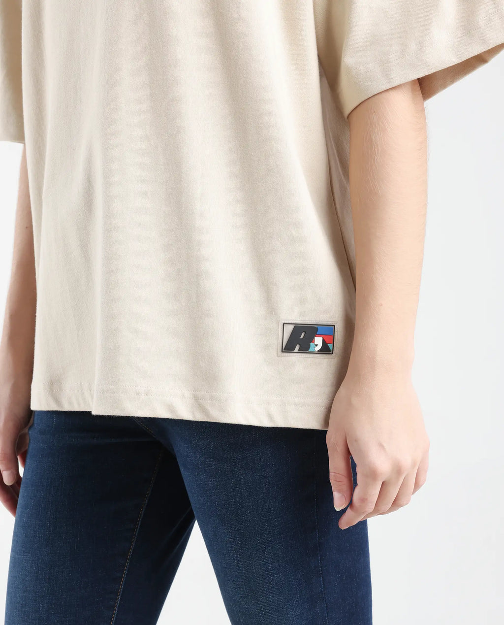 Rareism Women's Trebel Beige Cotton Graphic Print Oversized T-Shirt