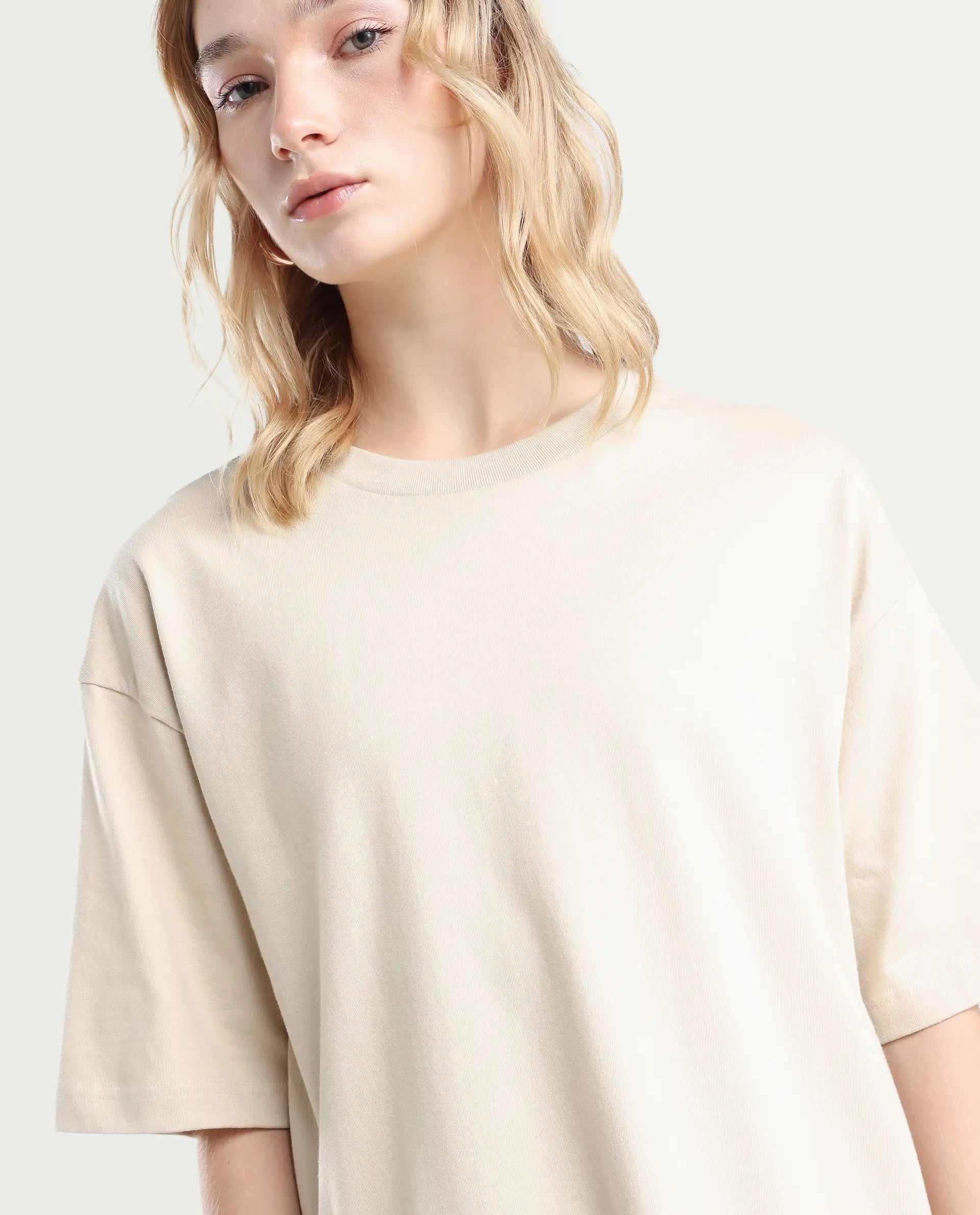Rareism Women's Trebel Beige Cotton Graphic Print Oversized T-Shirt