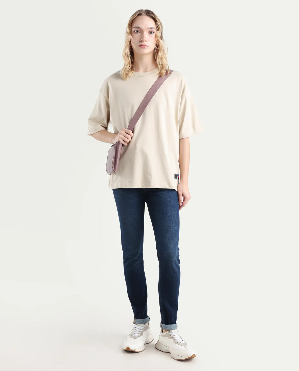 Rareism Women's Trebel Beige Cotton Graphic Print Oversized T-Shirt