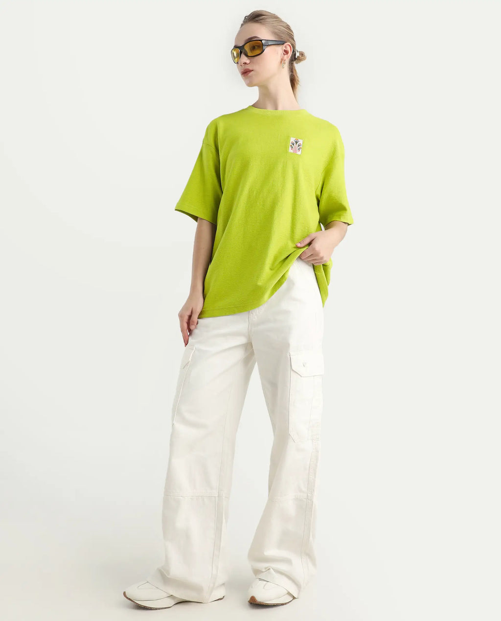 Rareism Women's Volo Green Cotton Graphic Print Oversized T-Shirt