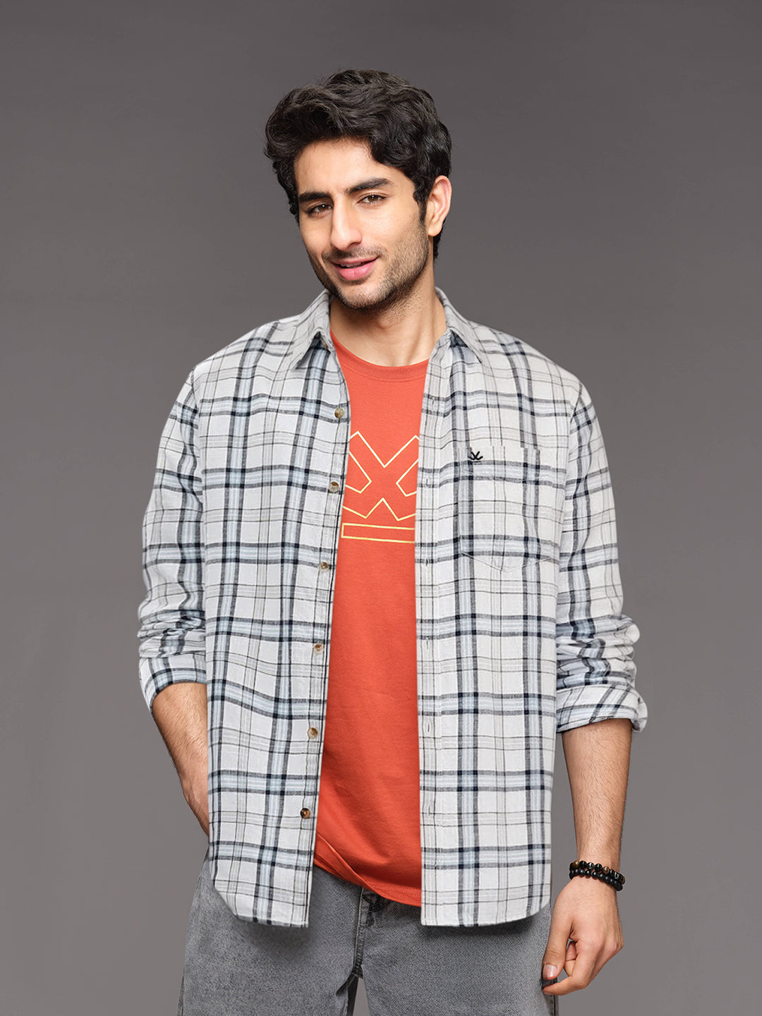 Twill Checkered Slim Fit Shirt | White