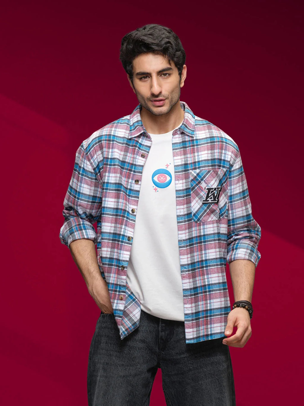 Textured Checkered Patchwork Shirt | Blue